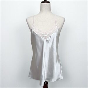 Vtg Linea Donatella‎ Cami Top Womens XL White Satin Lace Bow Coquette Lingerie
